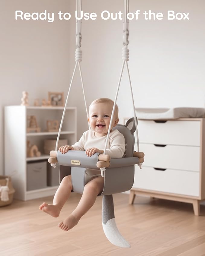 Wooden Hanging Baby Swing with Soft Safety Belt Cozy Infant Swing Seat for Indoor &amp Outdoor Use Adjustable Height Includes Mounting Hardware – Suitable for Babies &amp Toddlers（Fox-Themed in G