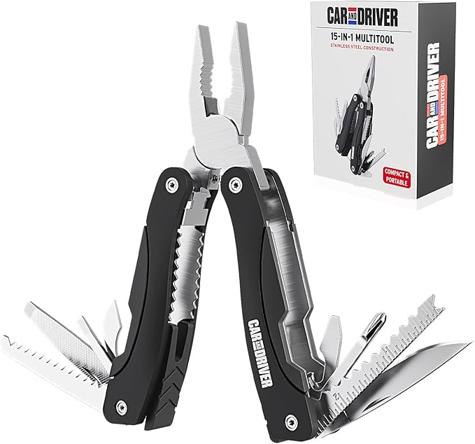 Car and Driver CAD-KH1034 12-in-1 Multitool with LED Flashlight – Stainless Steel USB Rechargeable Compact Folding Pocket Tool with Pliers Screwdrivers Knife Saw &amp More – Portable EDC Tool