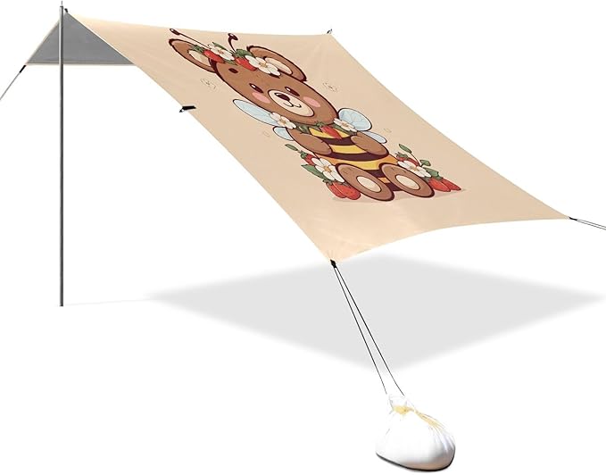 Floral Bear with Strawberry Beach Tent Sun Shelter Set UPF50+ UV Protection 10.5 x 9.19 FT Camping Shade Canopy with Sandbags Sand Anchors Carrying Bag and Others