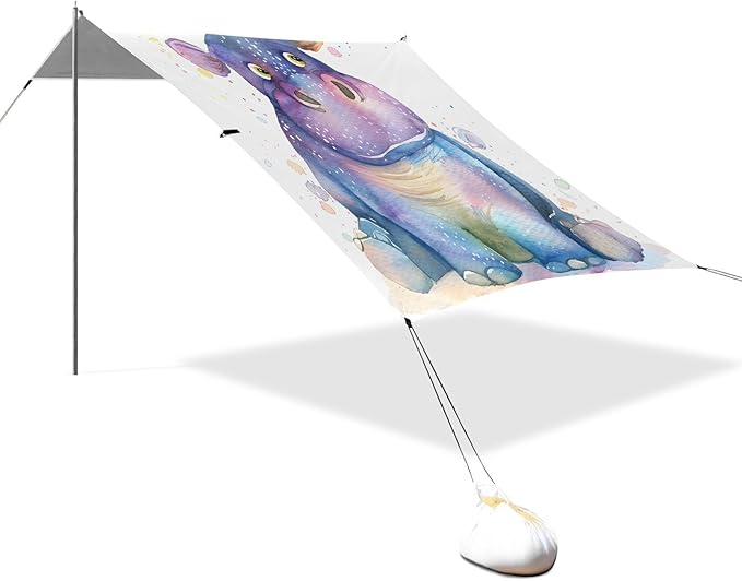 ALAZA Watercolor Hippo Hippopotamus Beach Tent Sun Shelter UPF50+ Protection Beach Shade Canopy w/ 4 Sandbags for Outdoor Camping Fishing Backyard Fun Picnic 10x9 ft