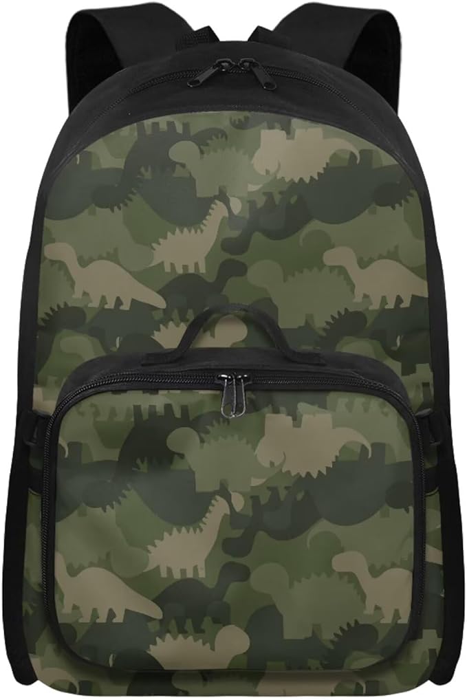 Green Camo Backpack with Lunch Box Dinosaur Bookbag with Adjustable Shoulder Strap Lightweight School Bag for Men Lightweight Satchel Bag for Travel