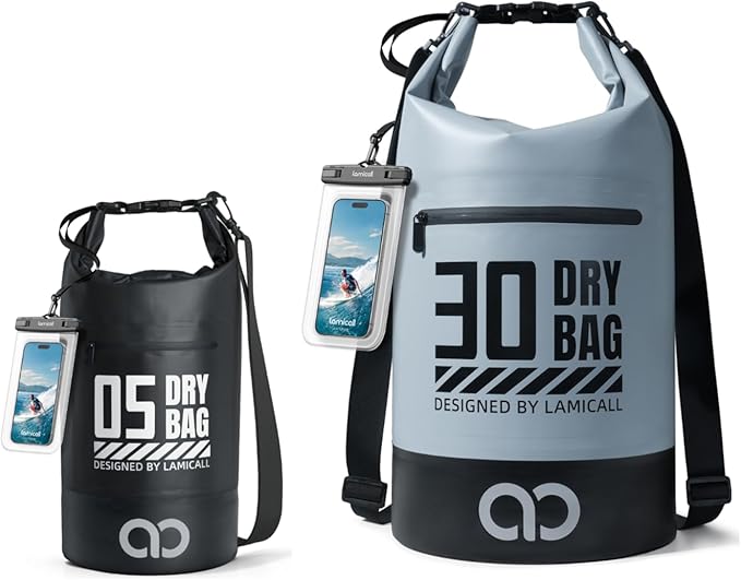Lamicall 30L &amp 5L Dry Bag Waterproof Backpack - [Zippered Pocket] Roll Top Waterproof Bag Blueish Gray &amp Black