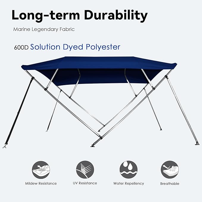 Deckpro 3-4 Bow Boat Bimini Tops 600D Solution Dyed Polyester Marine Grade Canvas with 1 Aluminum Frame Boat Canopy Includes Storage Boot 2 Support Poles 2 Straps