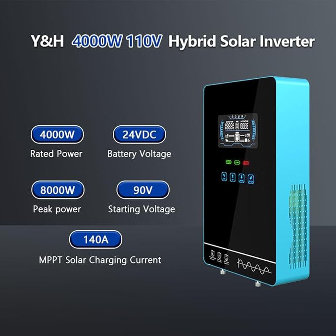 Y&ampH 4000W Hybrid Solar Inverter DC24V 120VAC Pure Sine Wave Output Battery-Free Starting Built-in 140A MPPT Charger 6.25 Touch LCD UPS/Line/Battery Mode for Off-Grid Home/RV/Energy Storage Sy