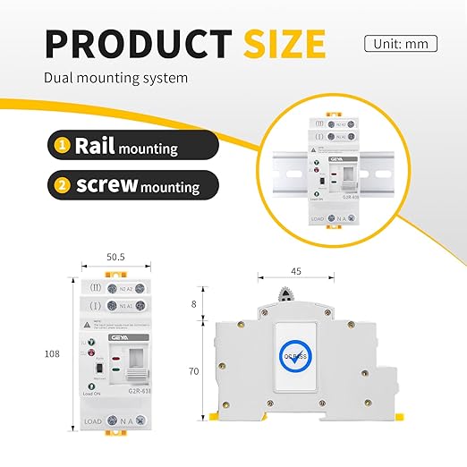 GEYA 2P 63A AC220V Automatic Transfer SwitchATS Dual Power Auto Transfer SwitchUninterruptible Millisecond-Level ATSDIN Rail Mounting（G2R 2P 63A AC220V）
