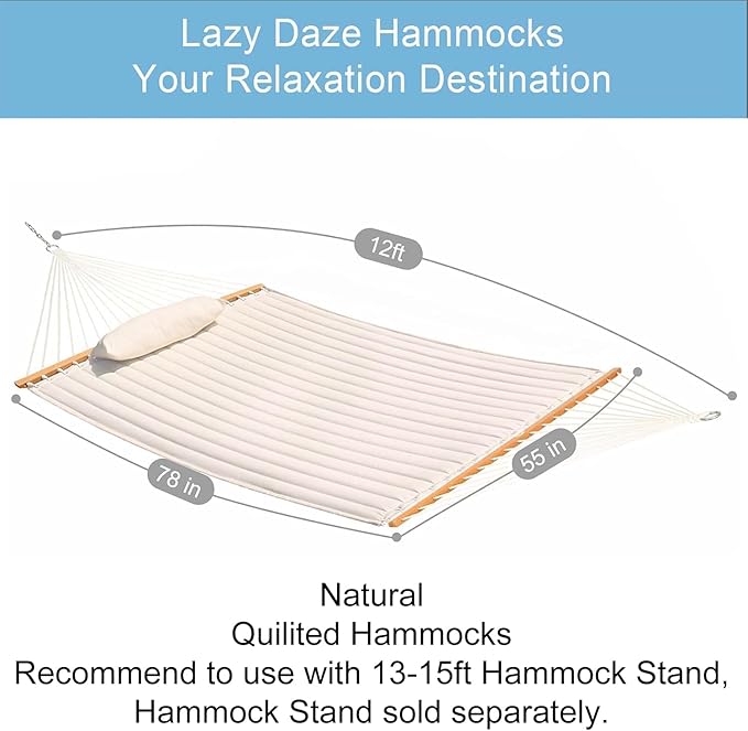 Lazy Daze Hammocks 12 FT Double Quilted Fabric Hammock with Spreader Bar and Detachable Pillow 2 Person Hammock for Outdoor Patio Backyard Poolside 450lbs Weight Capacity Natural