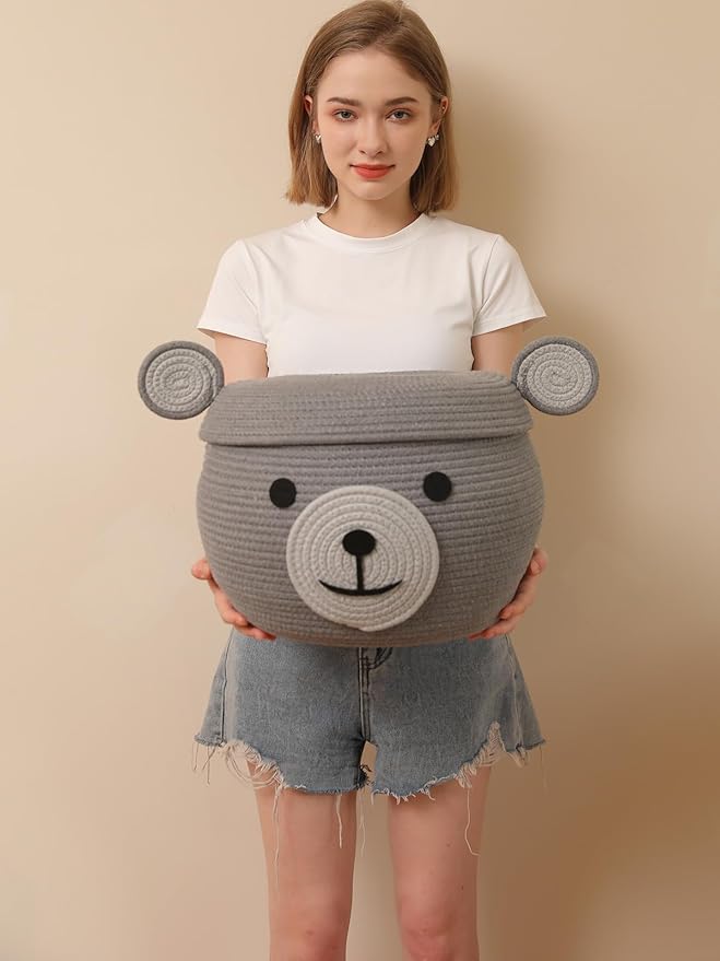 Cottonphant Handcrafted Animal Inspired Basket with Lid (Grey Bear 15x12)
