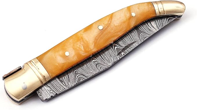 Laguiole Folding Damascus steel knife 8.5 Long with 4 hand forged custom twist pattern Blade. Beige color unshrinkable Raisen scale with brass bolster Cow hide leather sheath included
