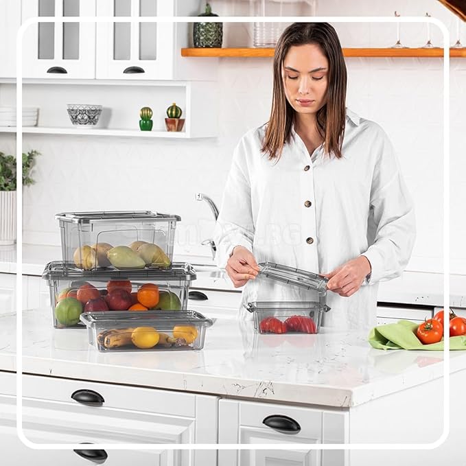 Tribello Bulk Plastic Latching Storage Container Bin With With Lids For Organizing - Tinted - Made in EU (6 Pack 12.5 Quarts)