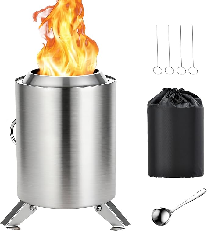 7 Inch Tabletop Fire Pit Smokeless Mini Firepit with Stand Portable Wood &amp Pellet Firepit for Camping Indoor &amp Outdoor &amp Backyard Forks Spoon &amp Travel Bag Included Stainless Stee
