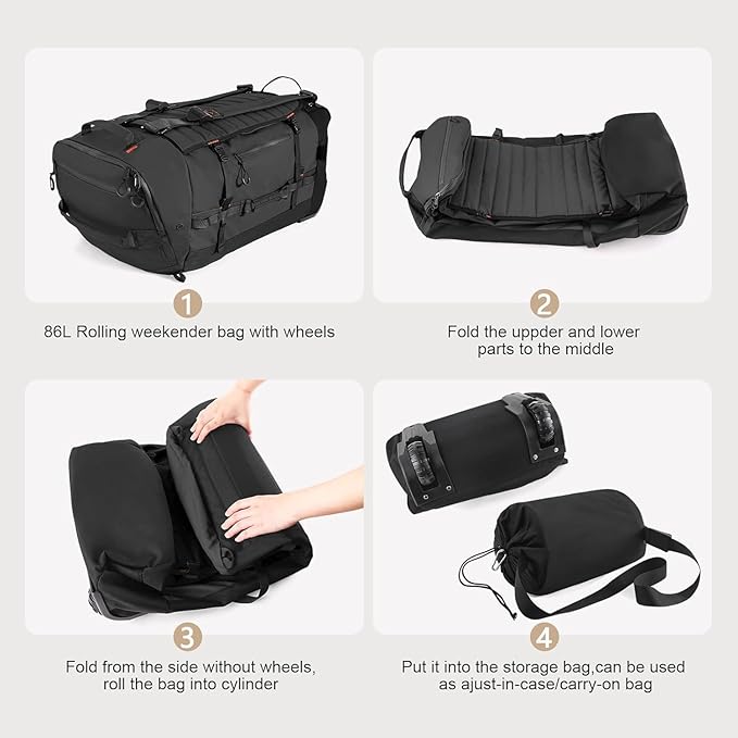 Rolling Duffle Bag with Wheels86L 30”Carry on Luggage with WheelsFolding Travel BagDuffle Backpack with Separate Shoe Compartment (black)