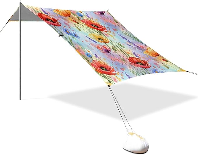 xigua Wlidflowers Beach Tent Sun Shelter with Carrying Bag - Silver Coated Oxford Fabric Beach Canopy for Beach Camping Fishing - Includes Windproof Ropes Sandbags &amp Stakes