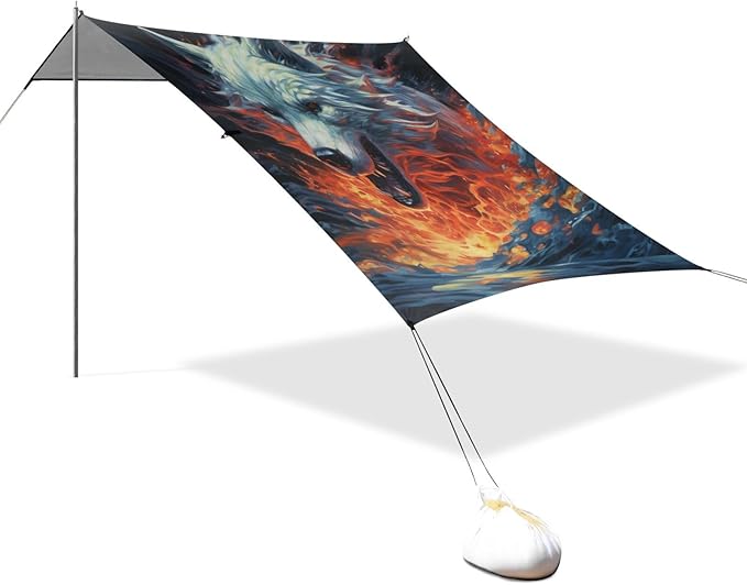 ALAZA Fire Water Wolf Beach Tent Sun Shelter Portable Canopy Sunshade for Outdoor Camping Picnics Backyard Fun 10x9 ft
