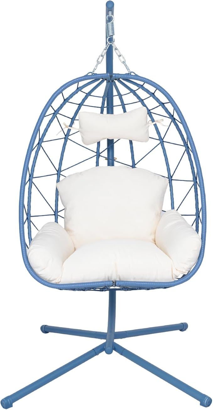 Hanging Egg Chair with Stand Outdoor Indoor Patio Rattan Swing Hammock Chairs with Washable Cushion PE Wicker Swing Chair for Backyard Bedroom Garden (Blue + White Cushion No Footrest)