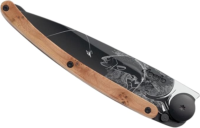 deejo - 37G Folding Pocket Knife with Belt Clip - Trout Design 3.7-Inch Stainless Steel Blade Black Titanium Finish Juniper Wood Handle - Lightweight Everyday Carry for Home Work and Outdoor Use