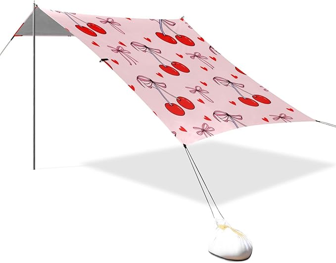Beach Canopy with Windproof Ropes &amp Sandbags Beach Tent Sun Shade Sun Shelter for Camping Trips Fishing Backyard Fun or Picnics Cherry