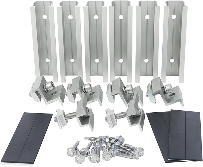 Solar Panel Roof Mounting KitComplete 2 Panel Solar Rack System for Side by Side DIY InstallationUniversal Mounting Rails and Clamps for Asphalt Shingle or Metal Roofs 6x 4.72″ Short Mounting Rails