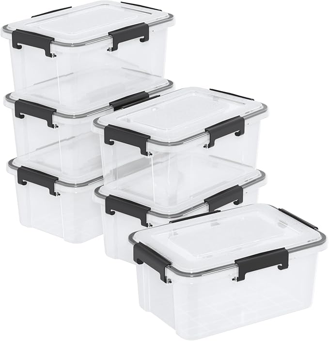 6-Pack 12 Quart Plastic Gasket Box with Seal Lids Watertight Organizing Tote Container Stackable Bin with Secure Latching Buckles Clear