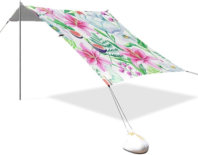 Beach Canopy with Windproof Ropes &amp Sandbags Beach Tent Sun Shade Sun Shelter for Camping Trips Fishing Backyard Fun or Picnics Watercolor Flower