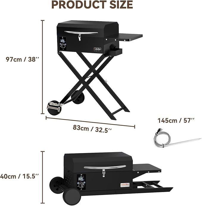 BBQ Wood Pellet Grill Smoker with Foldable Cart Meat Probe 2 Tiers Cooking Area Portable Grilling Stove for Outdoor Kitchen Cooking Smoke and Roast RV Camping Black GS343