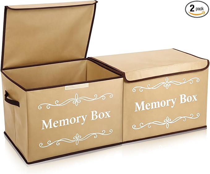 LemonRoad 2Pcs Memory Box Keepsakes for Kid Memory Decorative Storage Box Bin with Lid for Baby Wedding Travel Birthday Anniversary Precious Milestones Gift Loved Ones Treasured 16x12x12''(Linen)