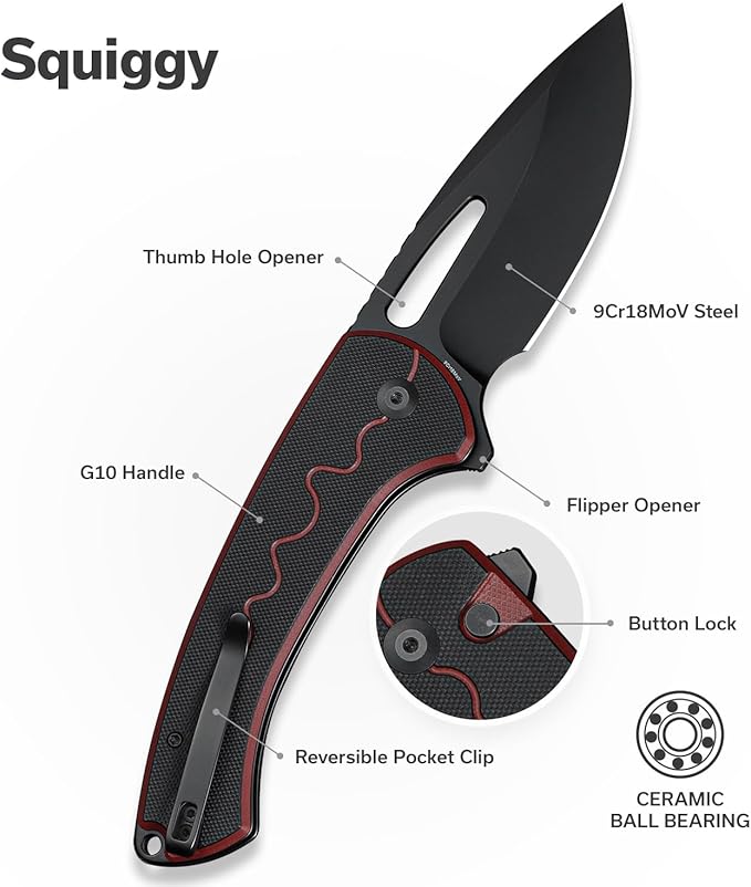 SENCUT Squiggy Pocket Knife Camping Folding Knife with 3.89'' 9Cr18MoV Blade &amp G10 Handle Reversible Clip for EDC Hiking S24082A-3 (Burgundy/Black)