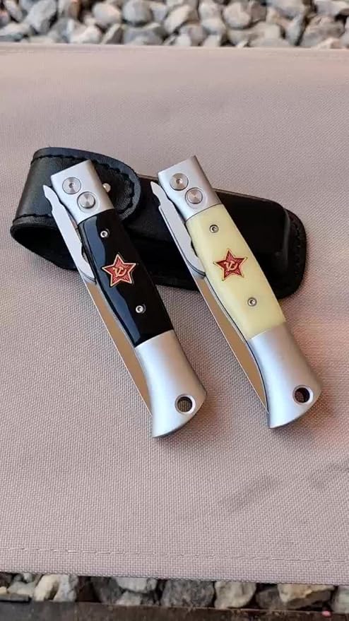 Russian Finka-NKVD KGB Folding Pocket Knife3.74 Mirror Polished X12M Steel BladeAviation Aluminum Inlaid Resin HandleCowhide Sheath (Beige handle)