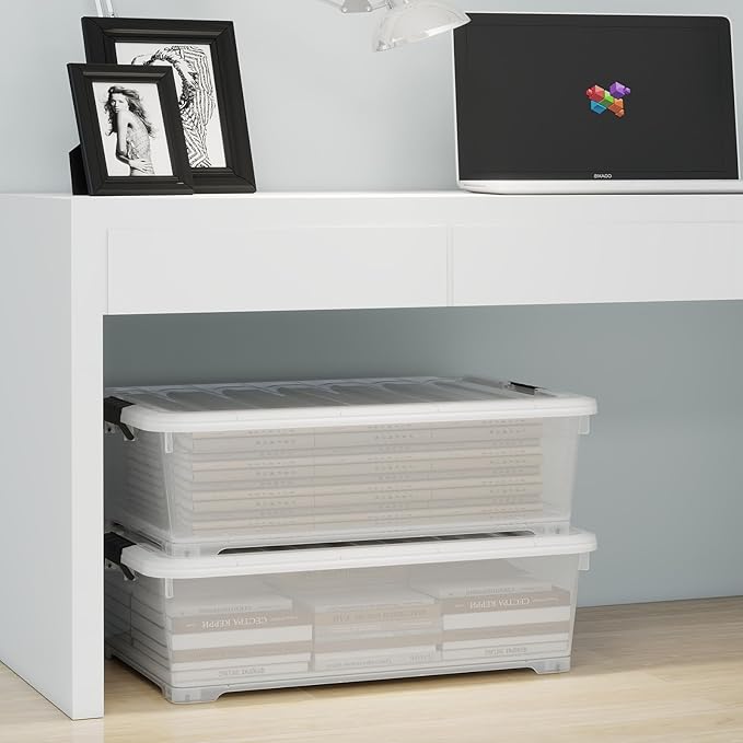 52 Quart Large Plastic Underbed Latching Storage Box Clear Wheeled Under Bed Storage Bins 3 Packs