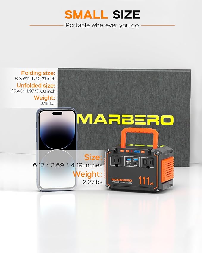 MARBERO 150W Peak Solar Generator with 30W Solar Panel 111Wh Camping Portable Power Station 110V Power Bank with AC Outlet(2*USB A 2*USB C 2*AC) for Outdoor Travel Home Blackout Emergency Hurricane