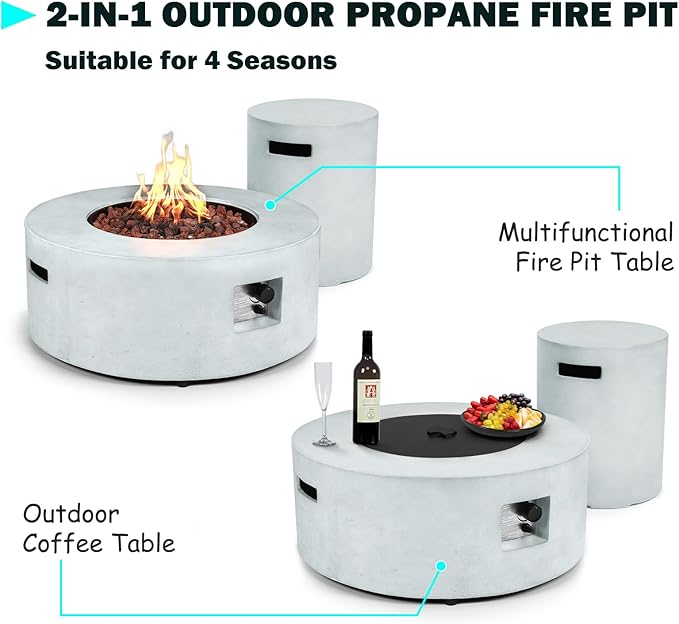 36 inch Propane Fire Pit Table 2 Pieces Round Fire Pit Table 50000 BTU Outdoor Gas Firepit with Tank CoverLidLava Rocks for Outside PatioGardenDeckBackyard and Pool