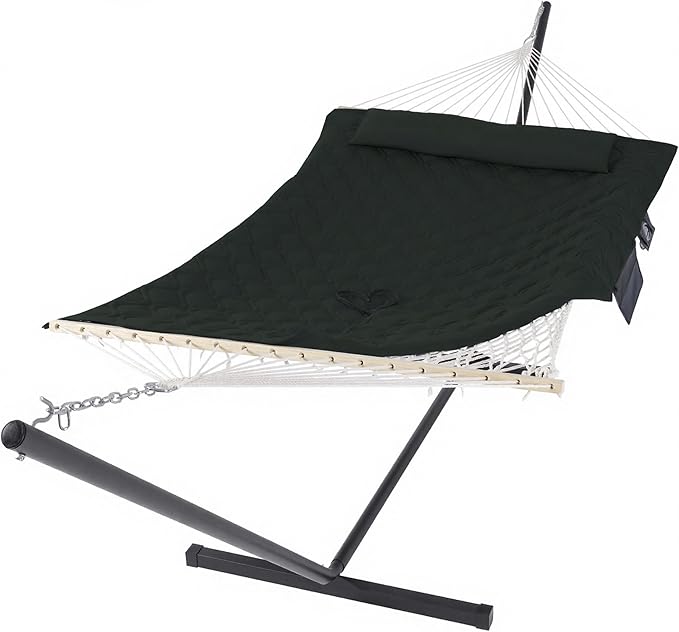 SUNCREAT Patio Portable Hammock with Stand Outdoor Double Hammock with Stand Included Gray Green Drops