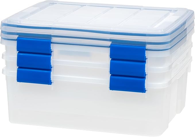 IRIS USA WeatherPro 27 Qt Storage Bins with Lids 3 Pack BPA-Free Plastic Gasket Box with Tight Latch and Seal Stackable Nestable Tote Tub - Clear/Blue