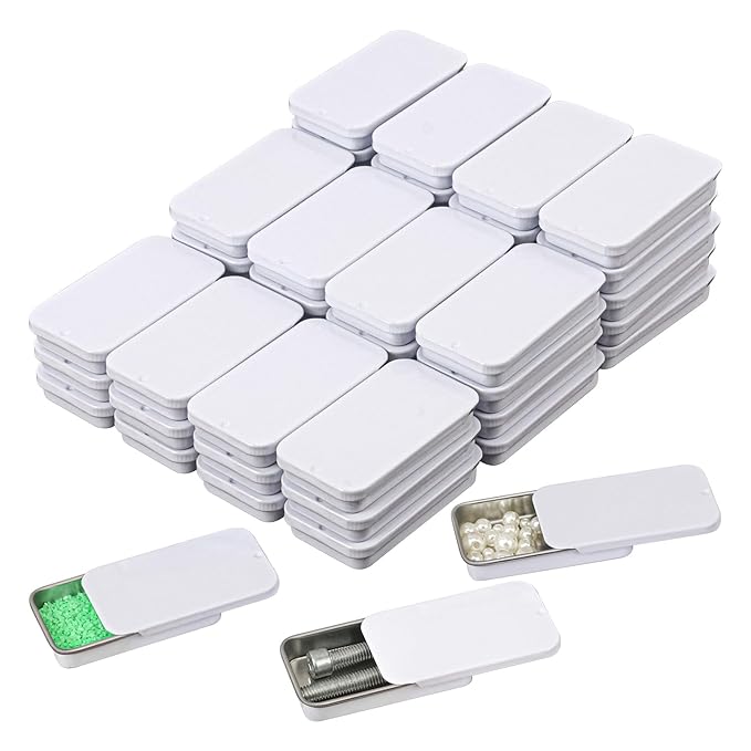70 Pack White Slide Top Tin Containers Mini Metal Tin Box with Slide Lid Empty Lip Balm Containers for DIY Projects Pills Candies Jewelry (2.36 x 1.34 x 0.43 Inch)