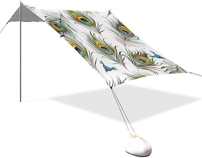 ALAZA Peacock Feathers Seamless Beach Tent Sun Shelter Portable Canopy Sunshade for Outdoor Camping Picnics Backyard Fun 10x9 ft