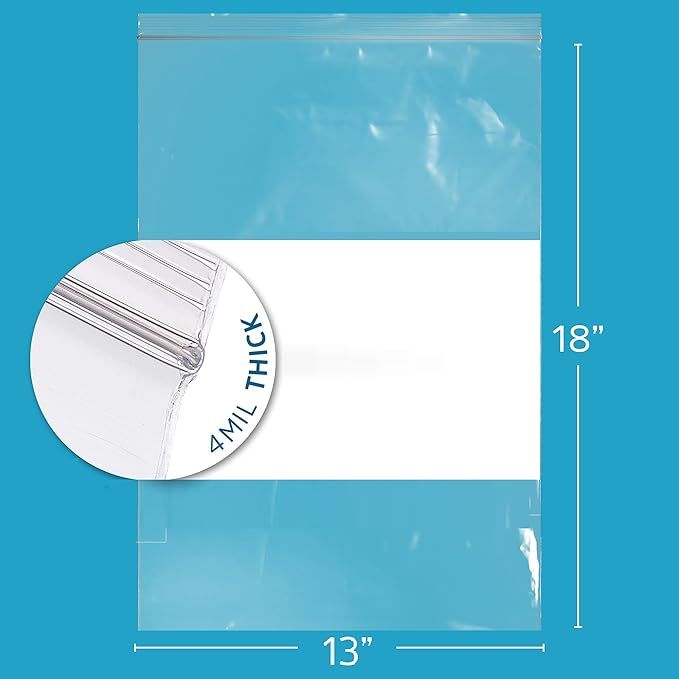 GPI - 13 x 18 - XL - Pack Of 50 4 Mil Thick Heavy Duty Clear Plastic Reclosable Freezer Zip Bags With White Block for Labeling Strong &amp Durable Poly Baggies With Resealable Zipper Top Lock.
