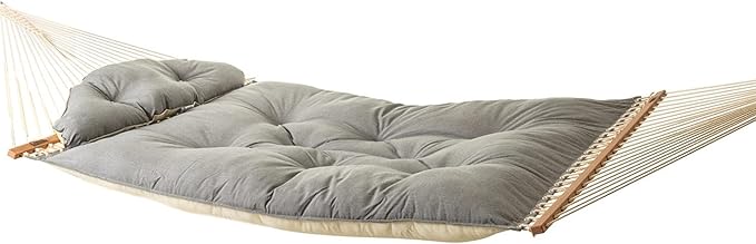 Hatteras Hammocks Large Cast Slate Sunbrella Tufted Hammock with Detachable Pillow – 13 ft. x 55 in. 2-Person 450 lb Capacity Cumaru Spreader Bar – Handcrafted in The USA
