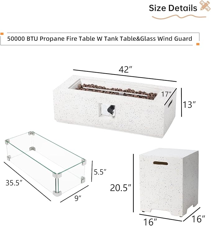 HOMPUS Outdoor Propane Fire Pit 50000 BTU 42-inch x 17-inch Rectangle Concrete Gas Fire Table Outside Smokeless Firepit with Tank CoverWind GuradLava Rocks and Rain Cover for GardenDeckBackyard