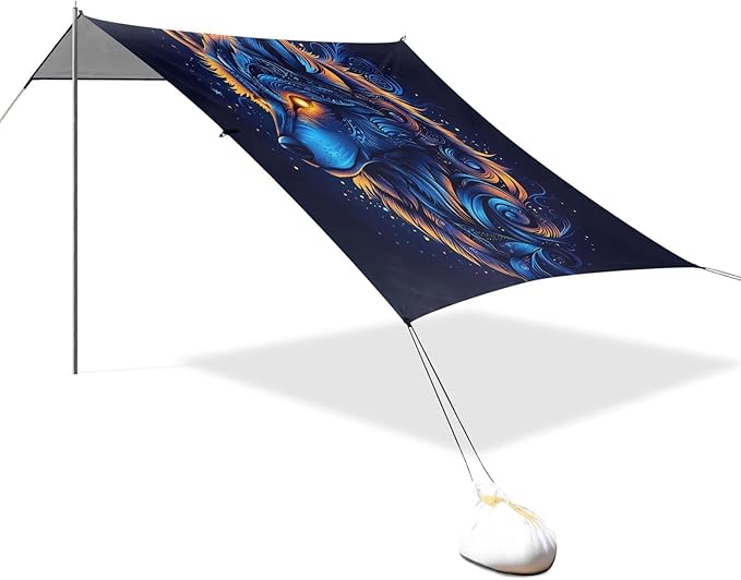 ALAZA Wolf Head Art Beach Tent Sun Shelter UPF50+ Protection Beach Shade Canopy w/ 4 Sandbags for Outdoor Camping Fishing Backyard Fun Picnic 10x9 ft