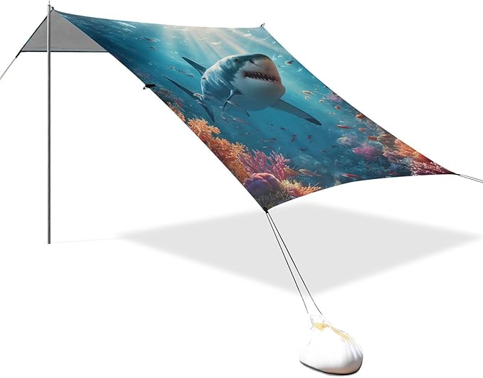 ALAZA Shark Coral Beach Tent Sun Shelter Portable Canopy Sunshade for Outdoor Camping Picnics Backyard Fun 10x9 ft