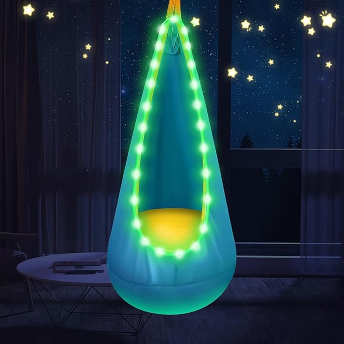 Light Up Swing Chair Hammock Chair Indoor Outdoor for Kids Pod with LED Lights Soft and Safe 176 lb. Load Capacity Easy Installation Perfect for Bedroom Garden and Playroom (Light Blue)