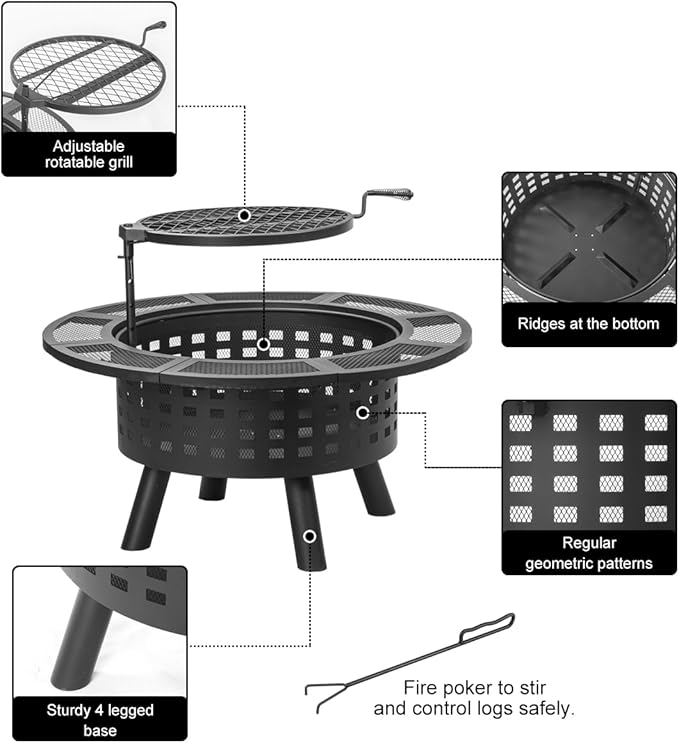 36 inch Outdoor Fire Pit with GrillWood Burning Fire Pits for Outside with Lid &amp Fire PokerMetal 3-in-1 Firepit Table with Cooking GrateOutdoor Firepit for YardBonfirePatio(Charcoal)