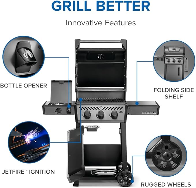 Napoleon Freestyle 365 Propane Gas Outdoor Grill with Range Side Burner Graphite Grey – 4-Burner BBQ for Versatile Cooking