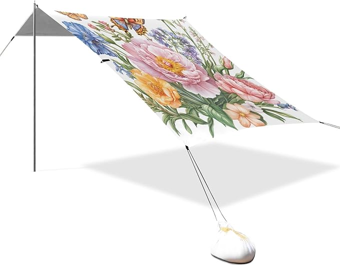 Summer Flowers Butterflies Beach Canopy UPF50 Lightweight Sun Shelter with Sandbags and Shovel for Camping Picnics Backyard &amp Fishing