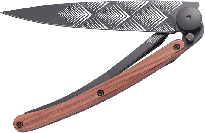 deejo - 27G Folding Pocket Knife with Belt Clip - Art Déco Design 2.95-Inch Stainless Steel Blade Black Titanium Finish Coral Wood Handle - Lightweight EDC for Home Work and Outdoor Use