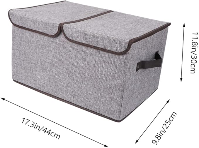 PRETYZOOM Foldable Fashion Storage Basket in Cotton Linen Double Lids Sturdy Collapsible Wardrobe Storage Box for Books Toys Magazines