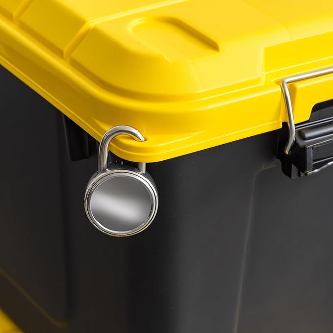 IRIS USA WeatherPro 21 Gallon Lockable Storage Bins with Lids 4 Pack - Made in USA Heavy Duty Stackable Containers Garage Organizing Tubs Rugged Sturdy Equipment Utility Box - Black/Yellow