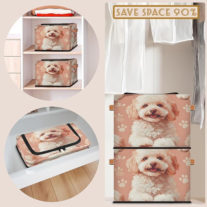 Teddy Dog Storage Box with Lid Cute Puppy Collapsible Storage Bins Baskets Cubes Closet Shelf Clothes Organizer Containers with PU Leather Handles