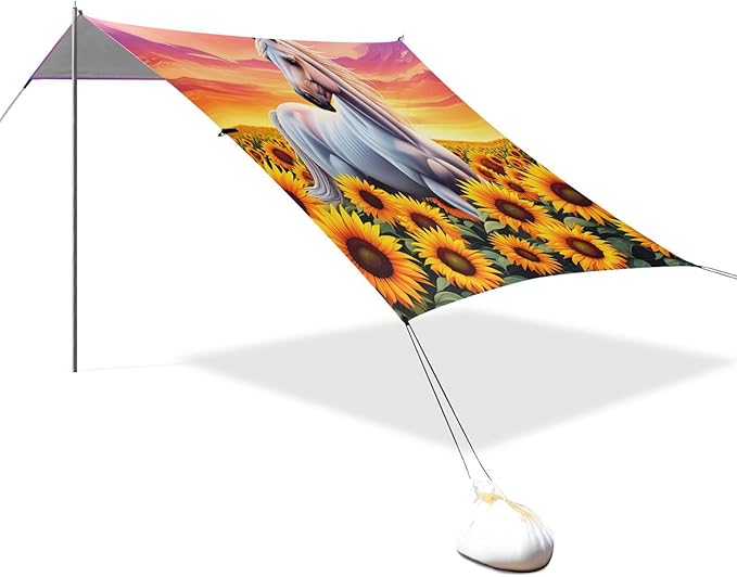 xigua Horse Beach Tent Sun Shelter with Carrying Bag - Silver Coated Oxford Fabric Beach Canopy for Beach Camping Fishing - Includes Windproof Ropes Sandbags &amp Stakes