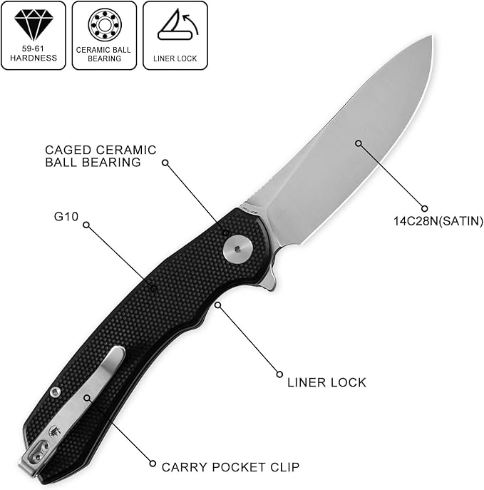 Petrified fish PFP12 WaterSpout Folding Knife3.54 14C28N Steel Blade G10 Handle Folding Pocket Knife for Camping EDC Outdoor (Black Satin)