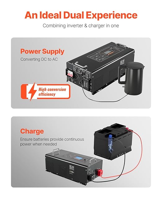 VEVOR Pure Sine Wave Inverter Charger 6000 Watt DC 48V to AC 120V Battery Charger with LCD Display Remote Control Solar Inverter for Off-Grid Solar RV Boat Home Compatible with Various Batteries